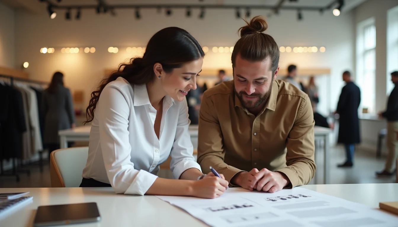 Two people reviewing a product category structure diagram together at a showroom table