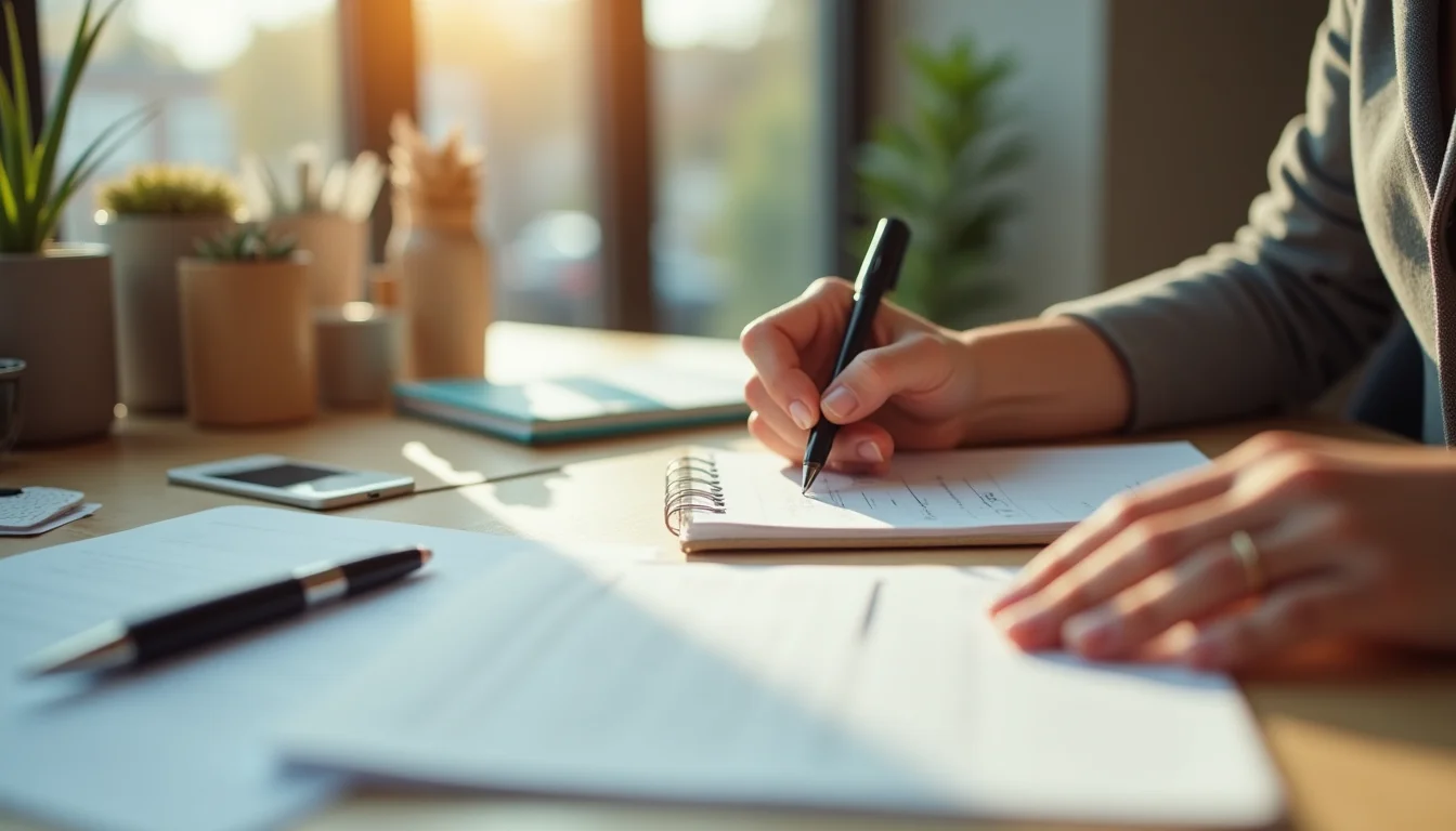 A person writing category naming conventions on a notepad at a compact retail back office desk