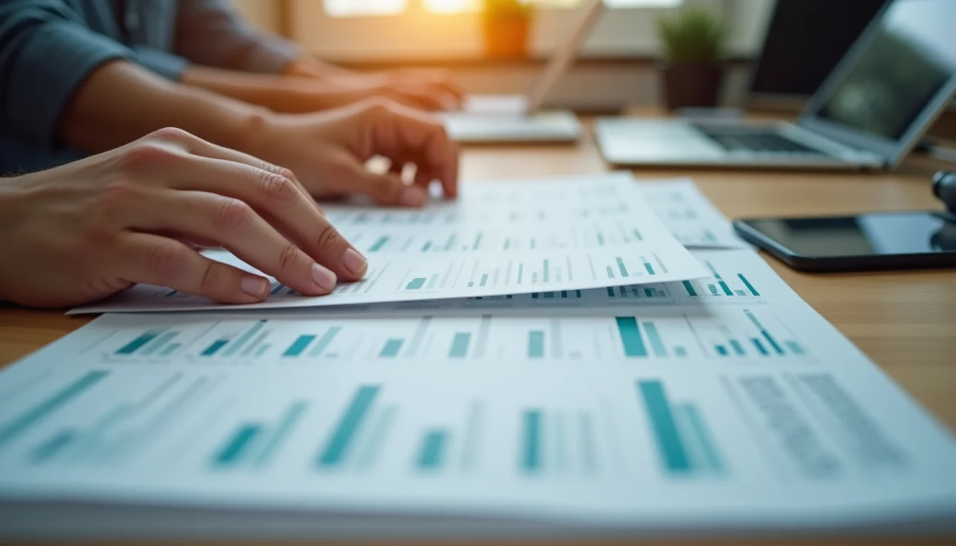Hands reviewing and organizing printed product documents on a preparation desk