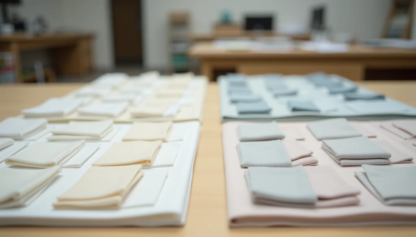 Plain product samples in two colorway groups arranged on a staging table for a catalog job