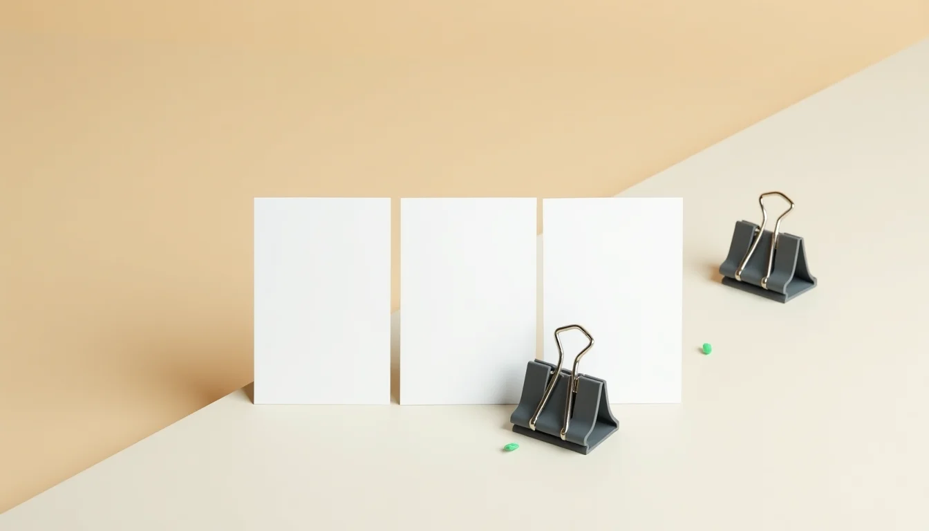 Blank product data cards sorted in a neat row beside two small binder clips on a warm beige surface