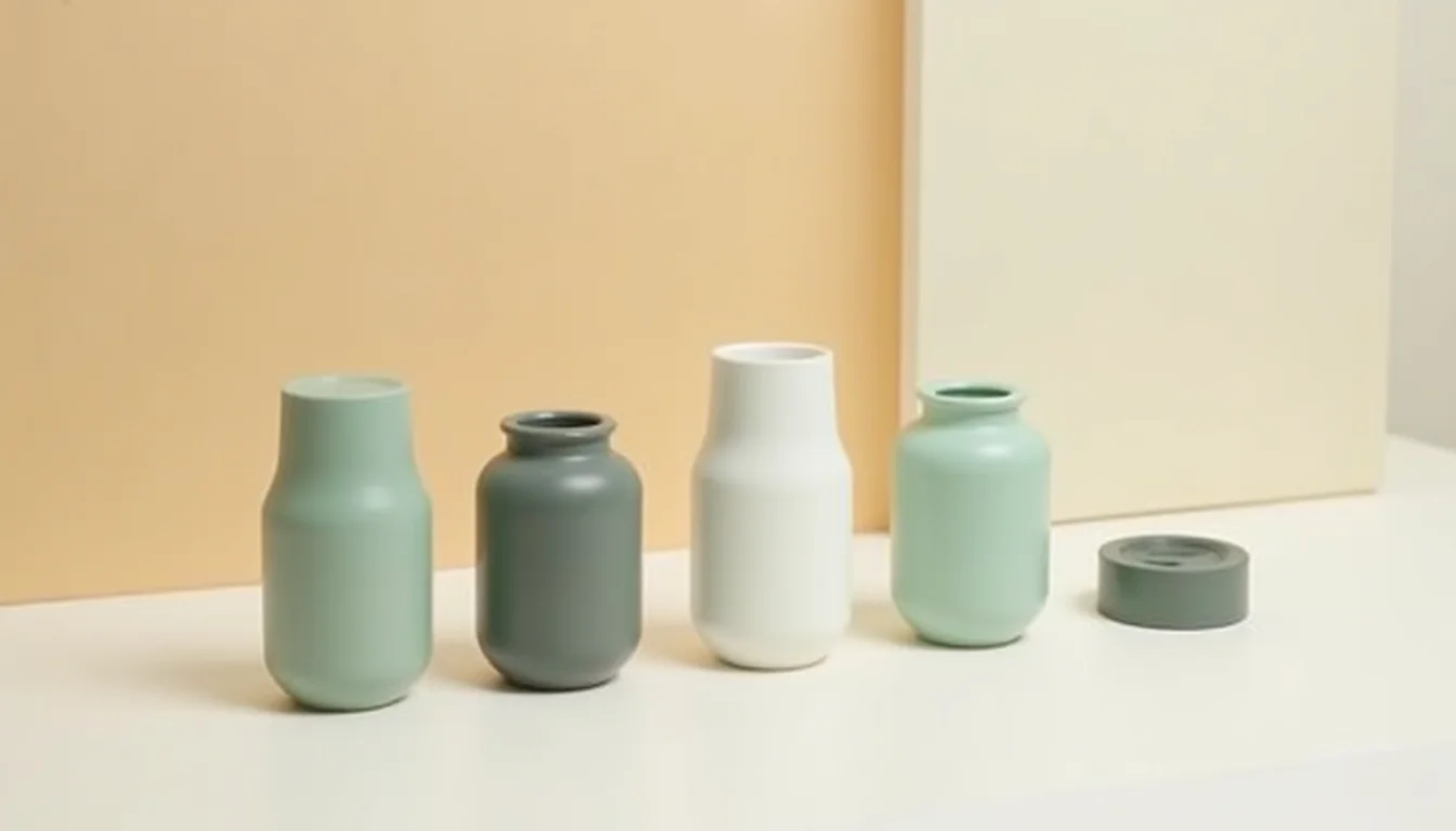 Sage green, charcoal, and white ceramic vessels in a neat row on a warm cream surface