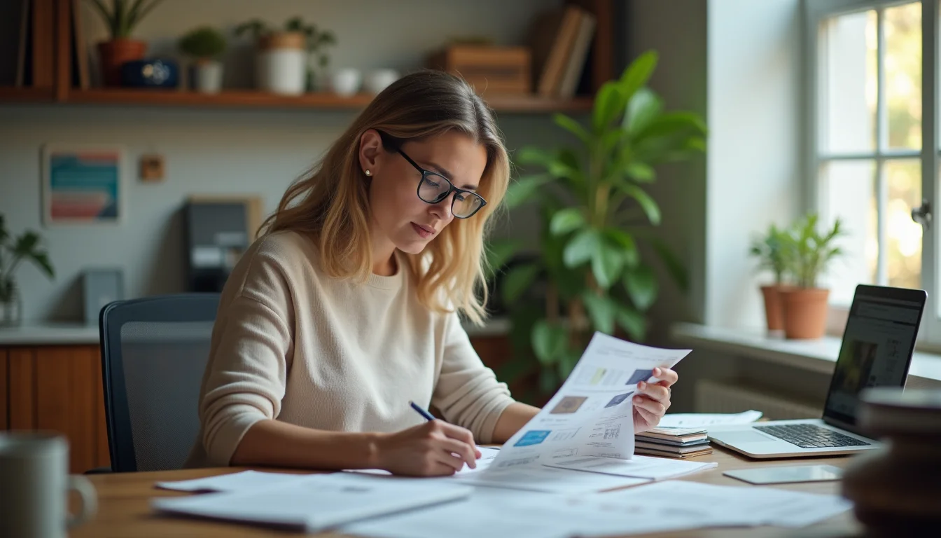 A catalog team member reviewing a Shopify product data entry checklist at a workstation with printed field sheets