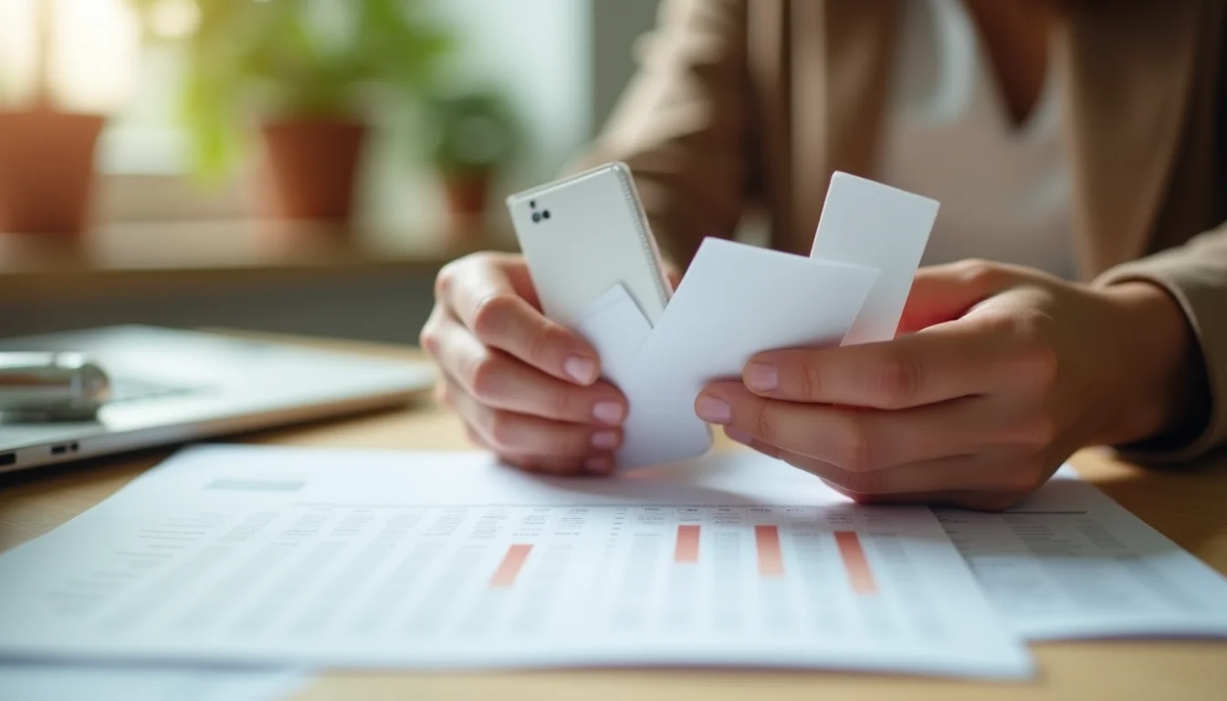 A person cross-checking product data fields against physical product samples at a buying showroom table