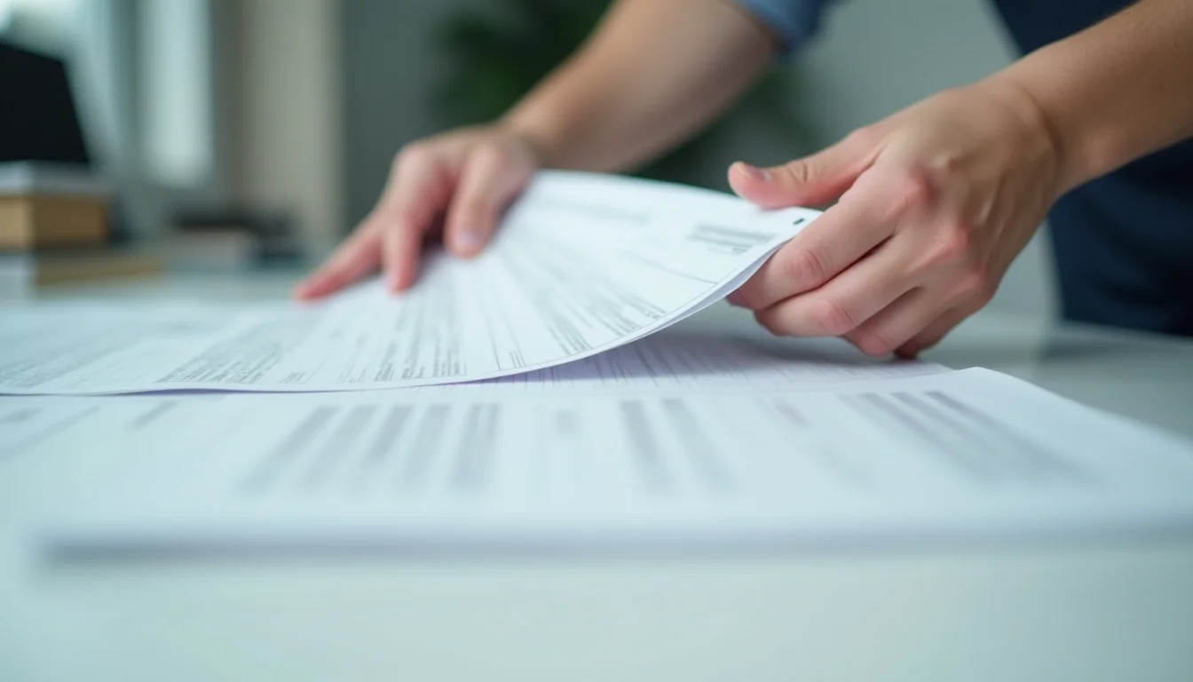 Hands sorting plain product data sheets into a neat arrangement on a wide data entry desk