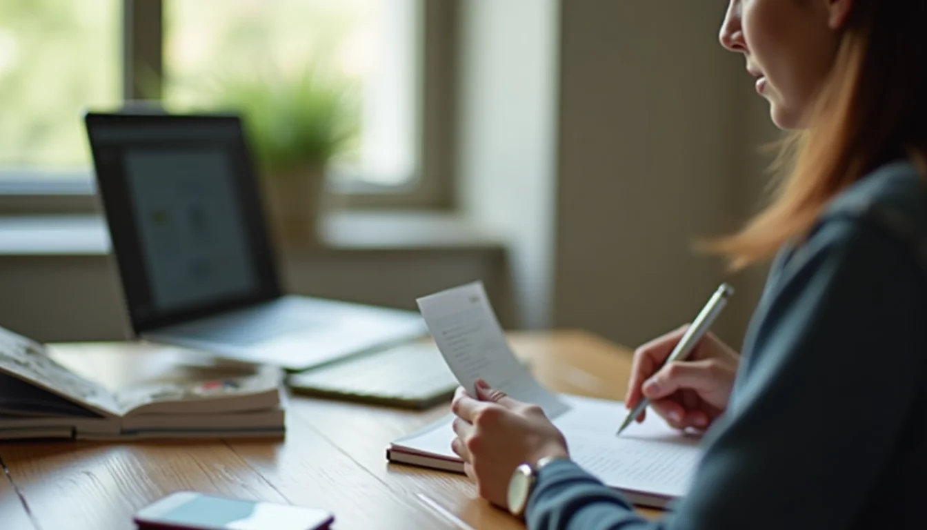A woman examining a product sample at a desk with a notebook, preparing copy for a Shopify product description service
