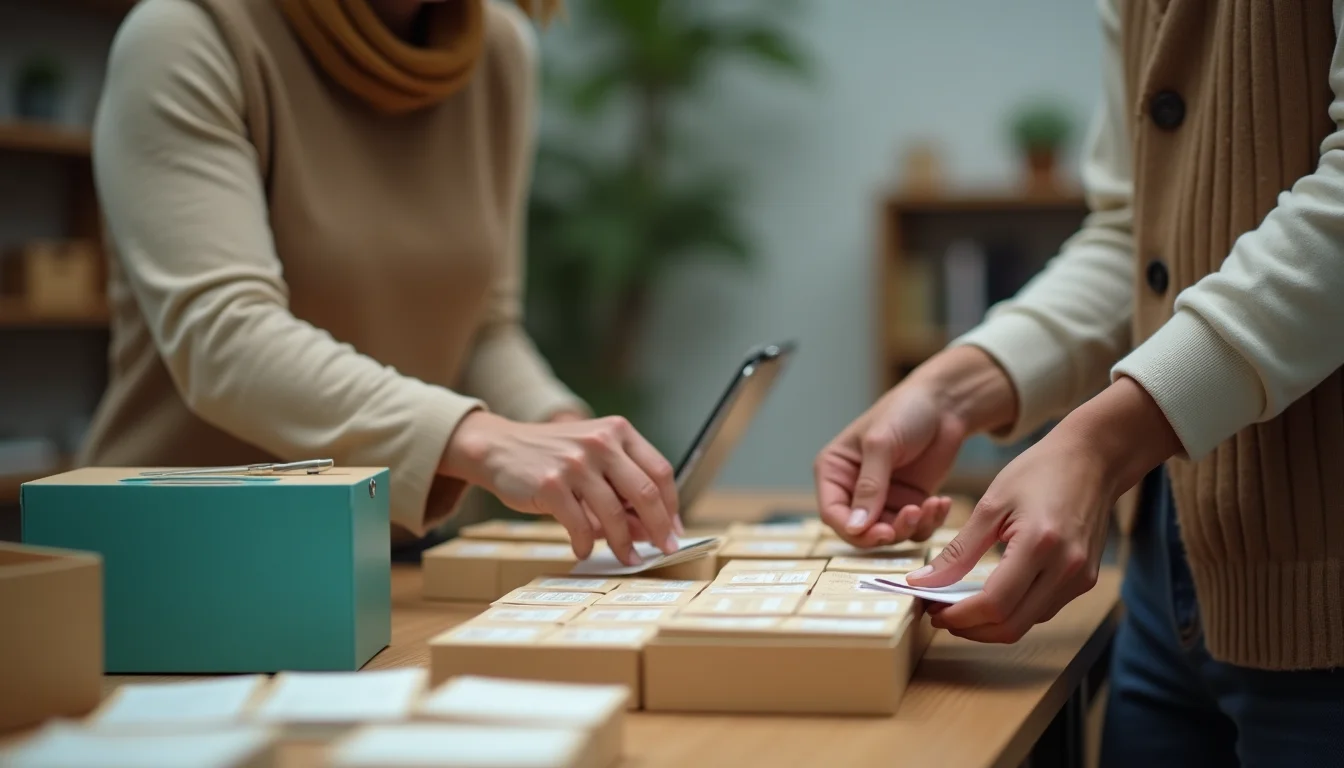 Two people writing product copy cards beside product samples arranged on a table in a small content studio