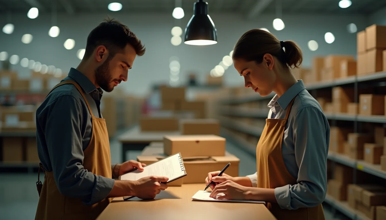 Two people at a content studio workbench, one holding a product while the other checks notes on a clipboard
