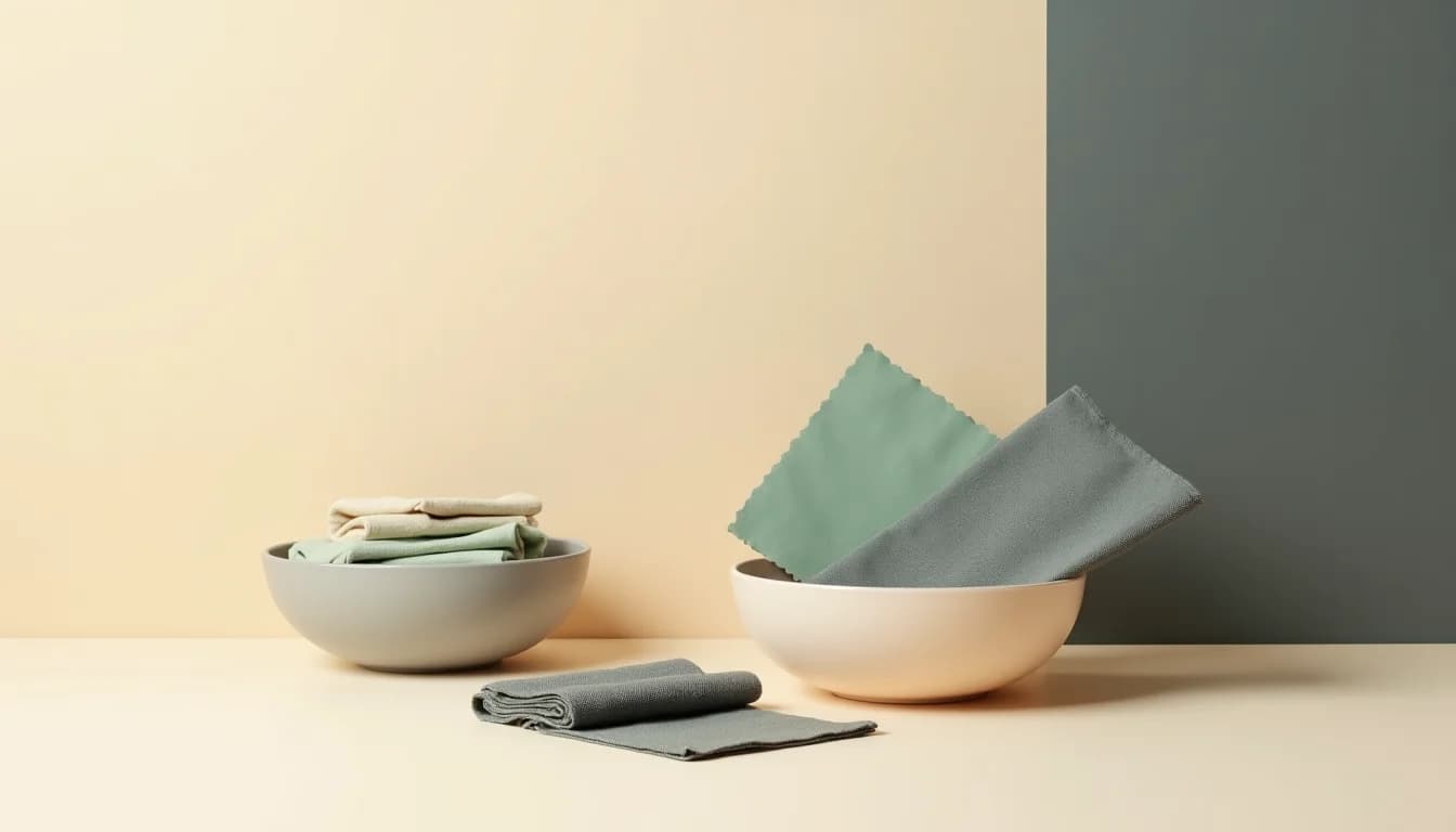 Two ceramic bowls on a beige surface holding sorted fabric swatches in warm and cool tones