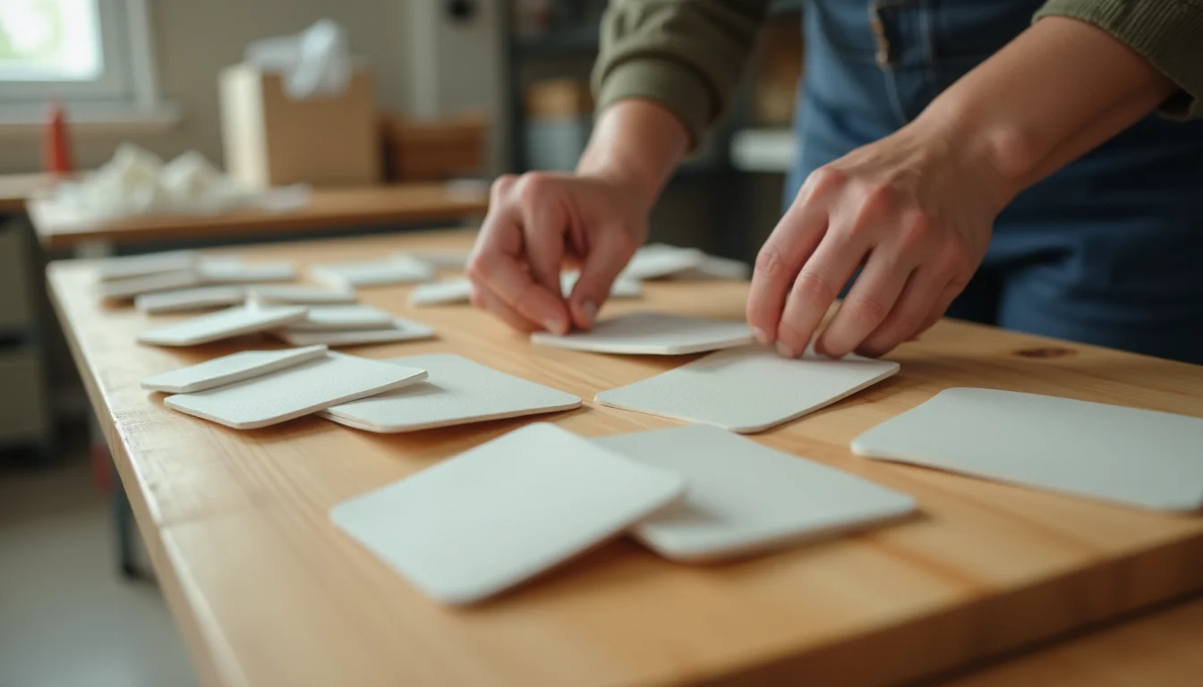 Hands sorting blank product sample cards into two Shopify product types groups on a workshop bench for an upload job