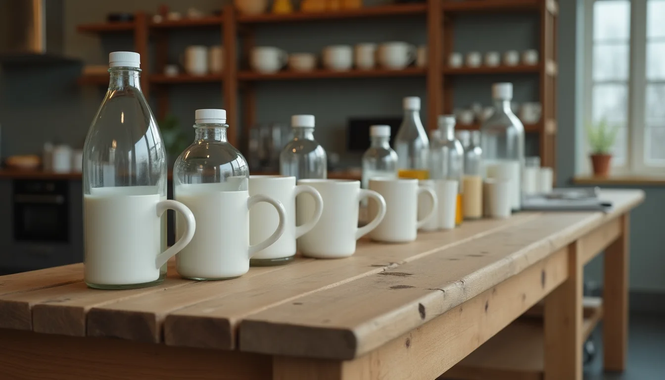 Plain ceramic mugs and glass bottles organized into distinct product type groups on a preparation bench
