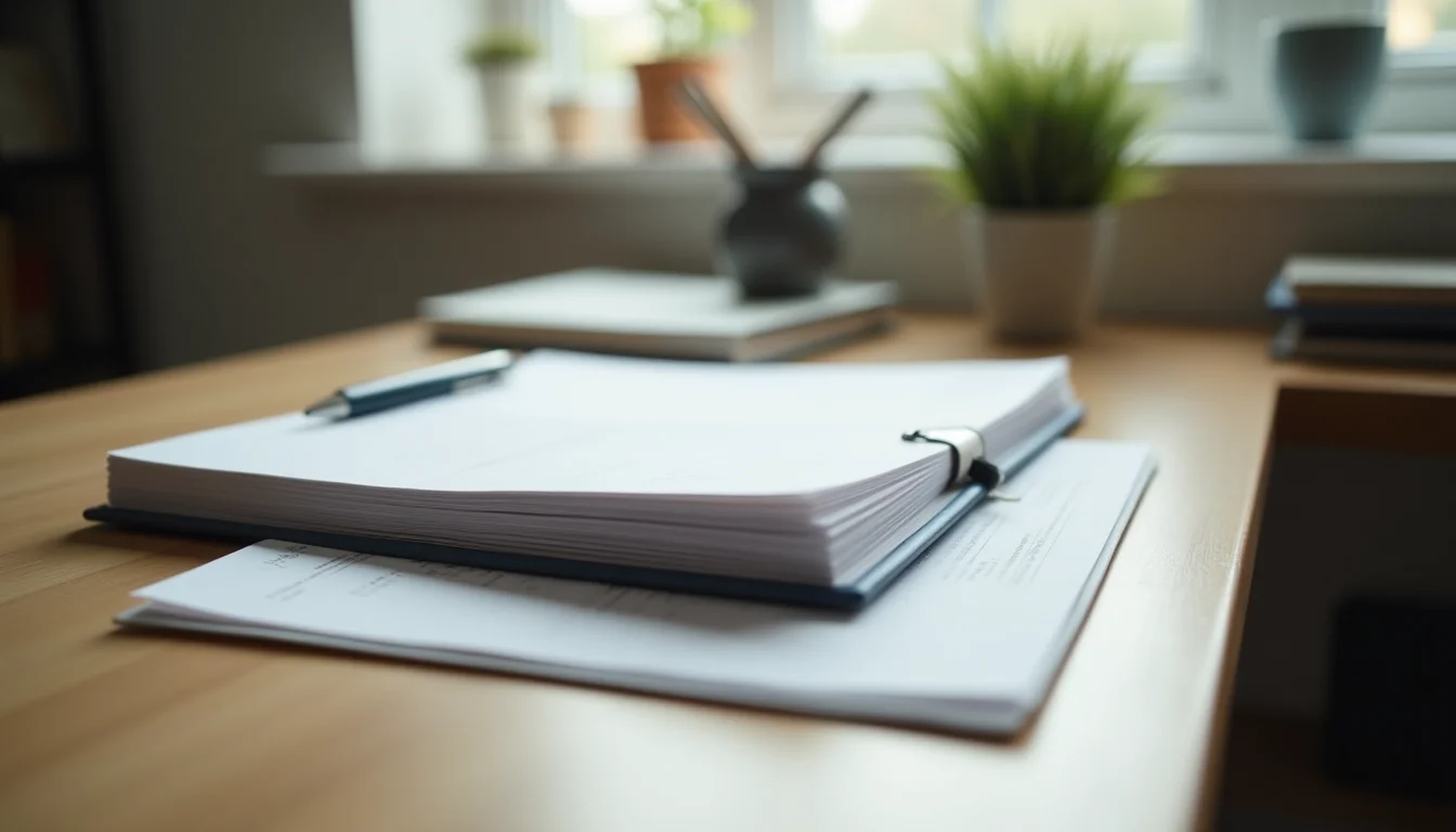 A tidy catalog planning desk with product brief folder and workspace materials before a job handover