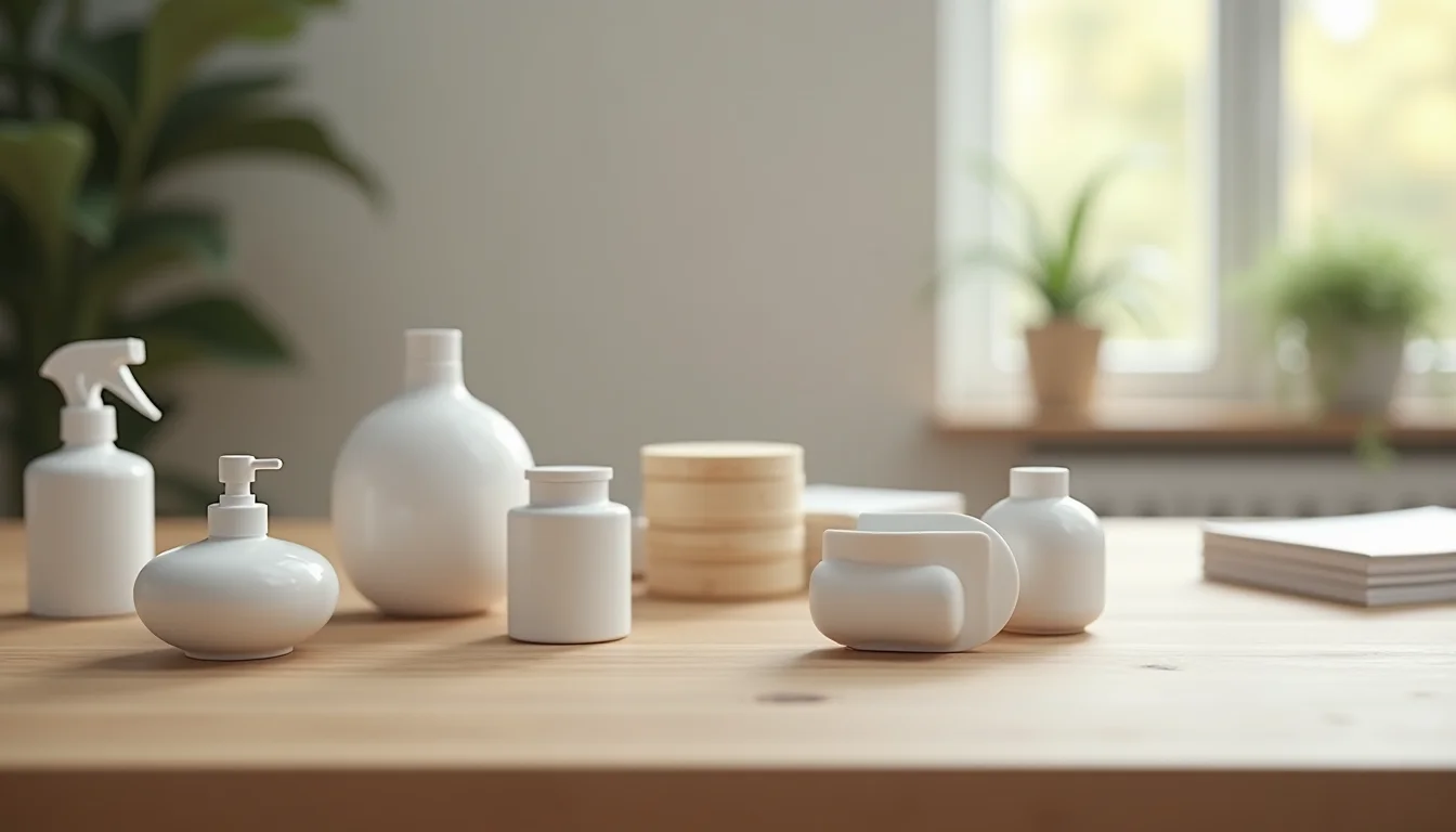 Assorted plain product items on a wooden table, the starting point for getting Shopify product upload help