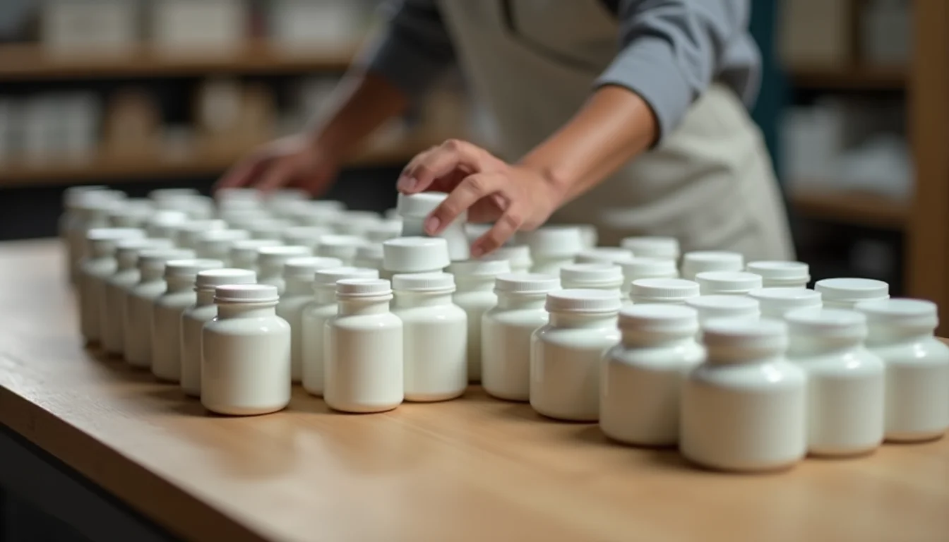 Hands organizing plain product containers into rows on a wide preparation table