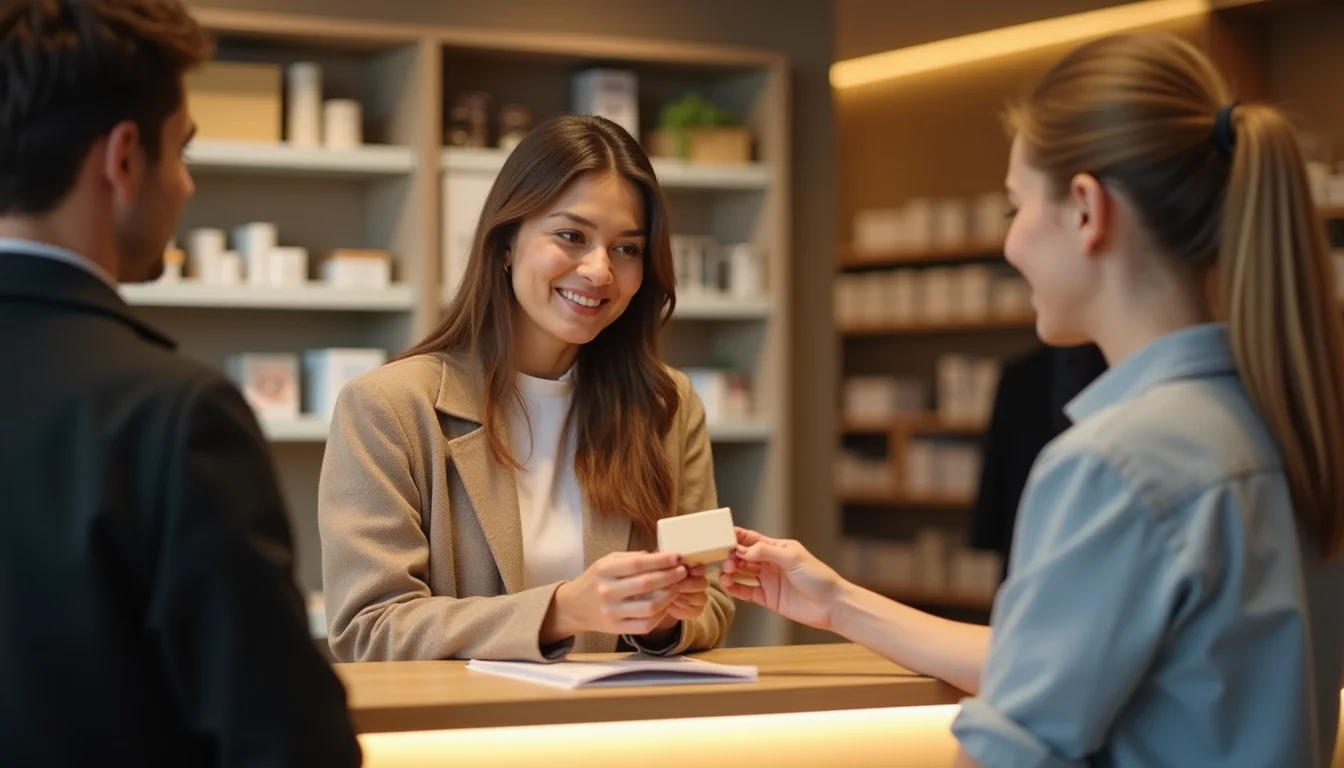 Store owner handing a product sample to a team member at a briefing counter
