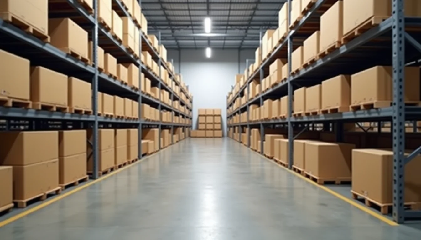 A large catalog of plain product boxes organized in rows on warehouse shelving before upload