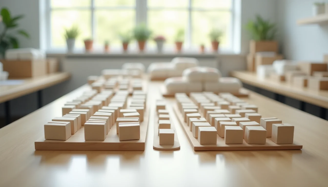 Plain product items arranged in organized rows on a wide catalog preparation counter