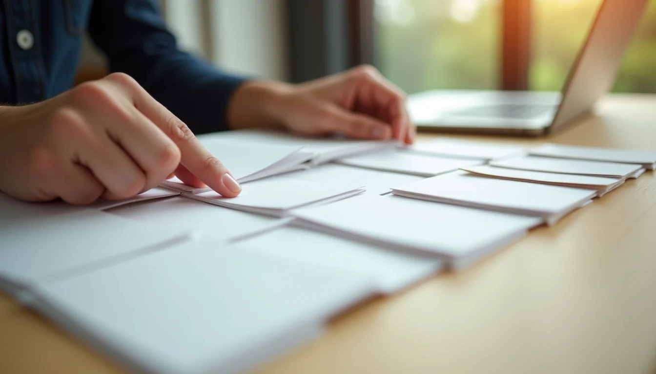 Hands organizing plain cards into groups on a wooden desk at a catalog entry workspace
