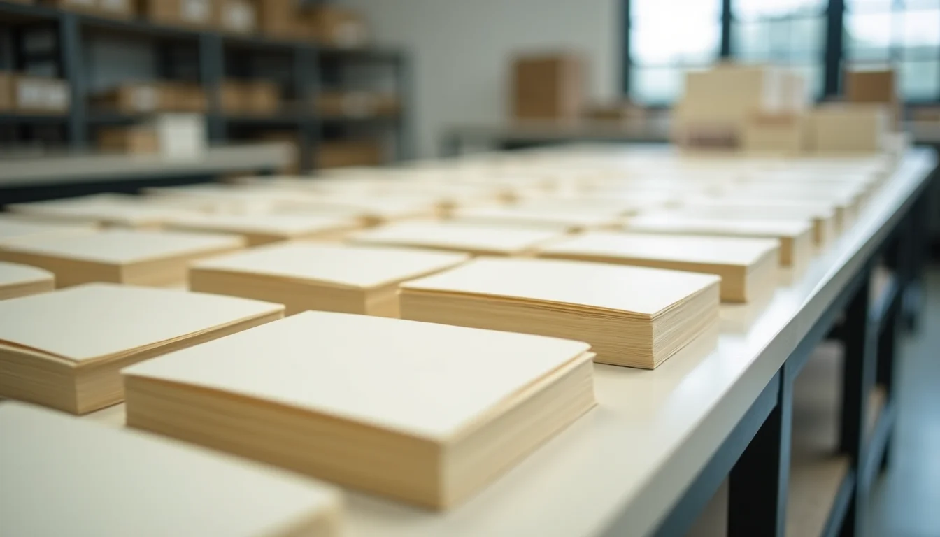 Product type label cards sorted by smart collection condition values for an upload team on a preparation table