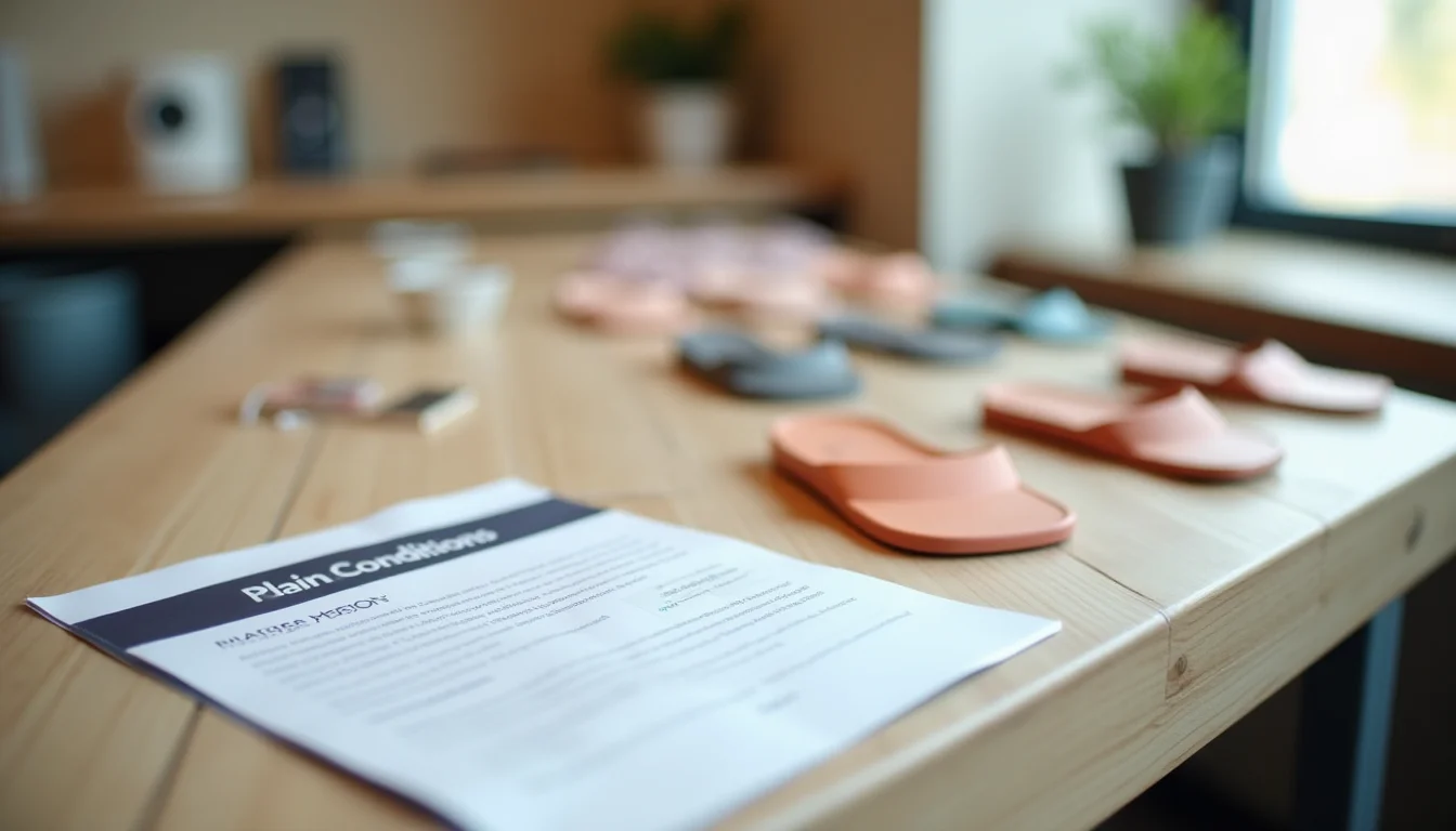 A collection conditions reference sheet beside grouped product samples on a long product tagging table