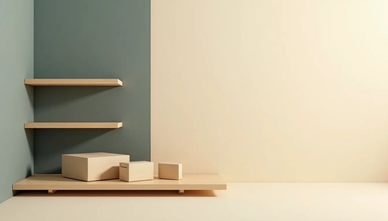 Empty wooden display shelves with a few plain unbranded boxes being placed on the lowest shelf