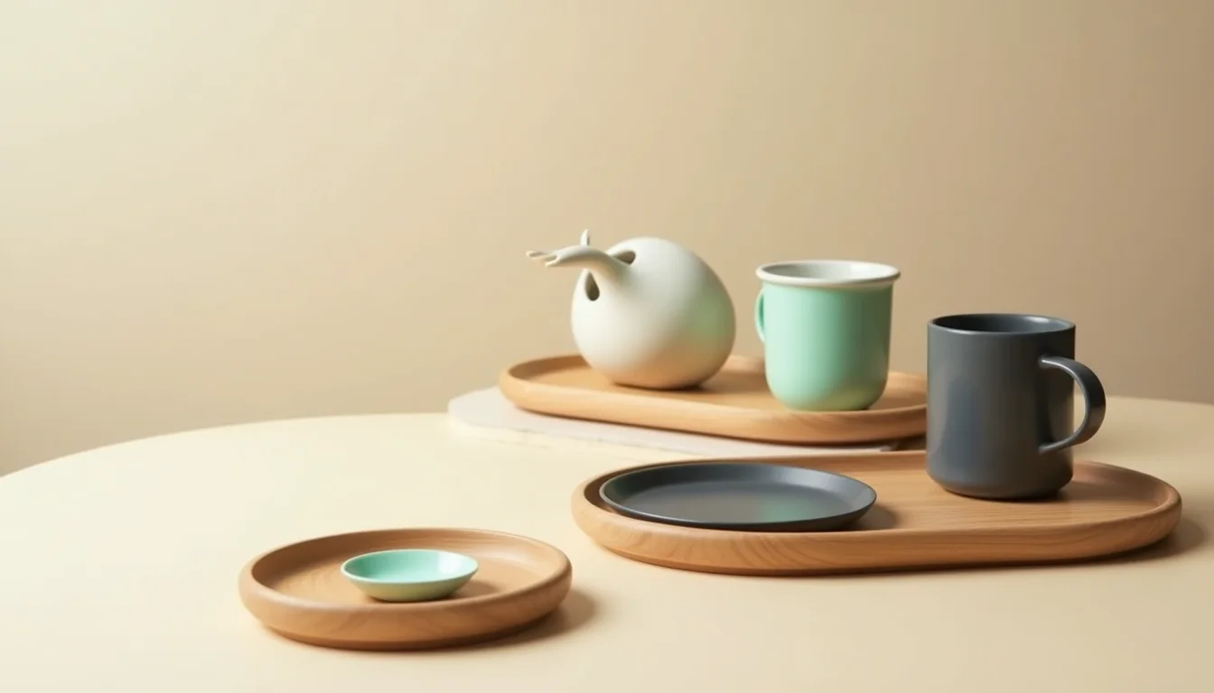 Wooden trays holding grouped ceramic homewares on a beige surface, charcoal and mint pieces sorted separately