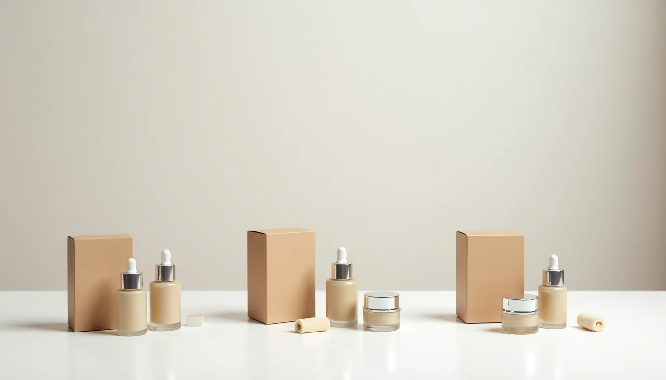 Skincare gift sets for upload teams arranged on a product preparation surface, gift boxes open to show component products