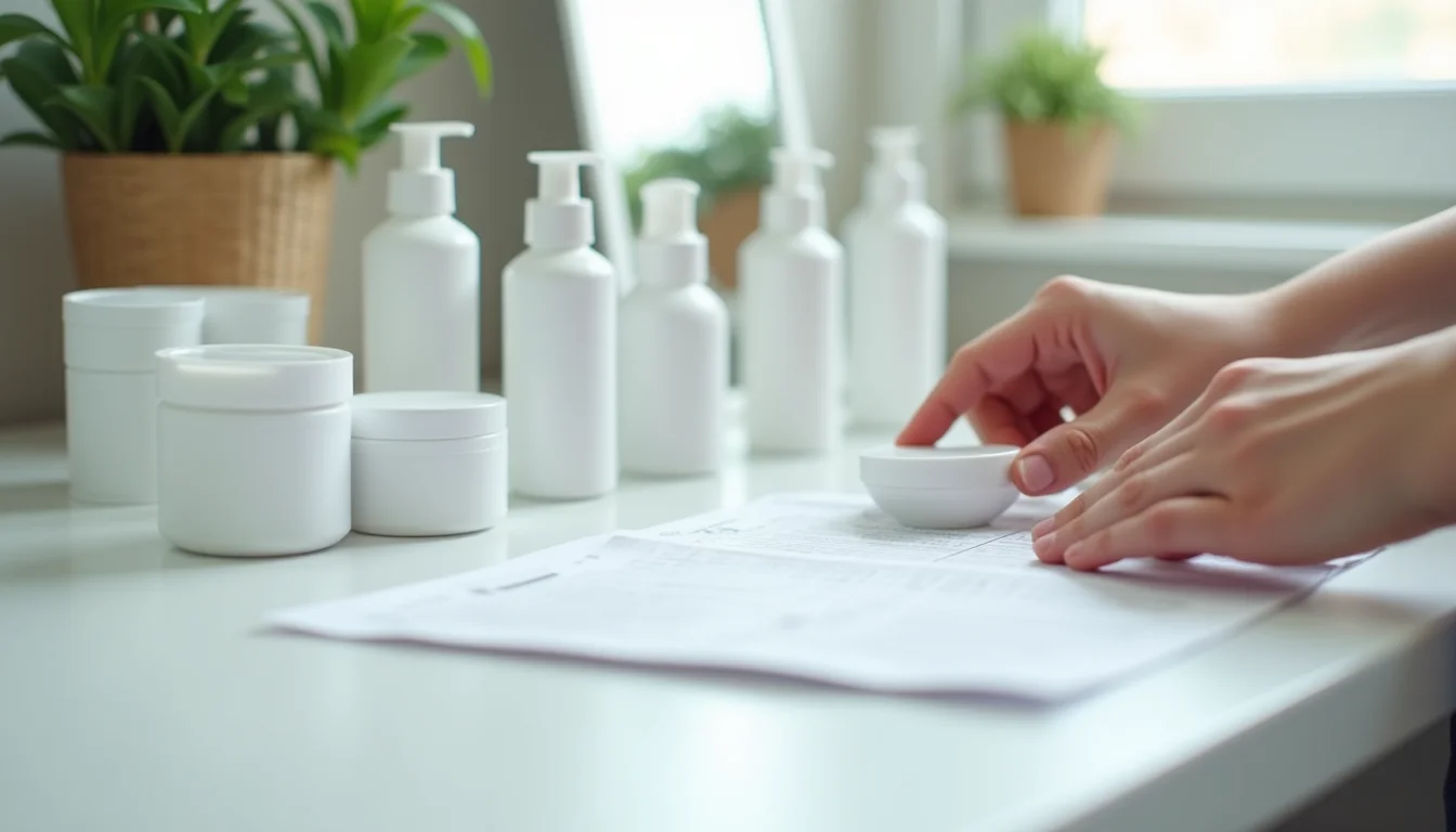 Hands arranging a skincare gift set component list beside sample products on a preparation desk