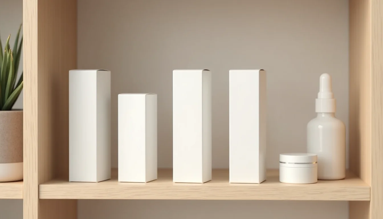Skincare gift set products arranged in a clean line on a product review shelf for a catalog handover
