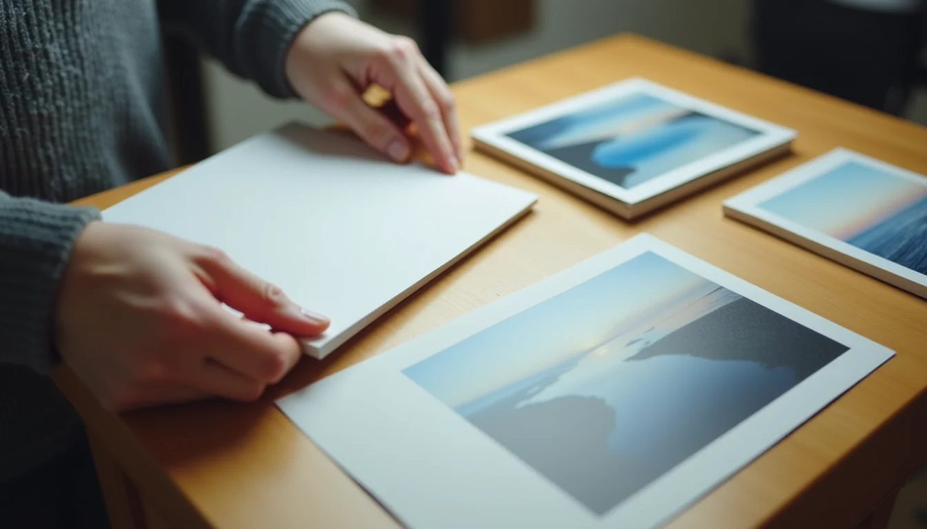 Hands sorting product sample images into labeled groups on a catalog preparation desk