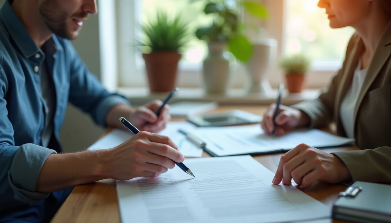Two people reviewing a product entry scope document together at a small office table