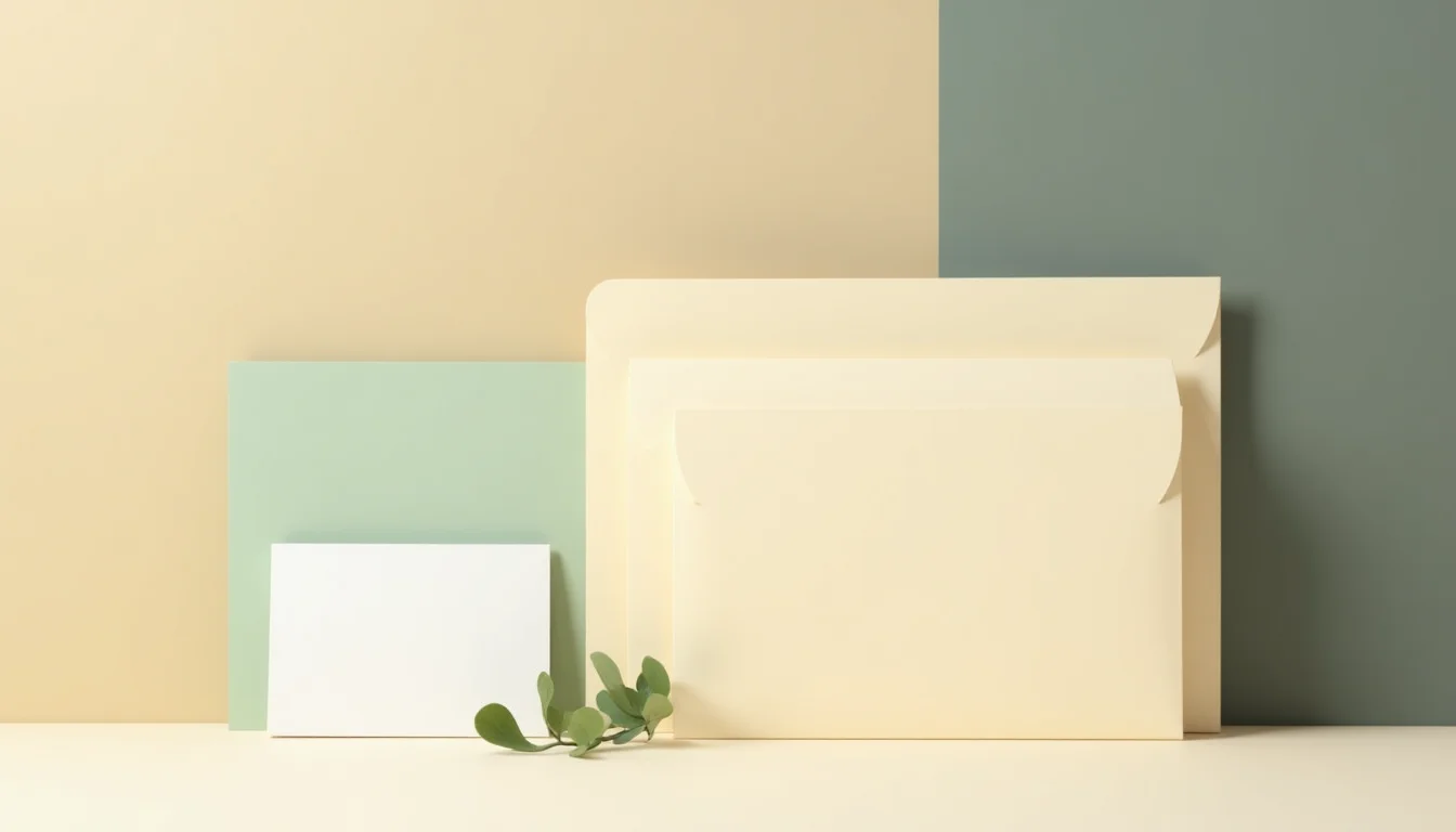 Plain cream file folders stacked beside blank white product cards and a small envelope