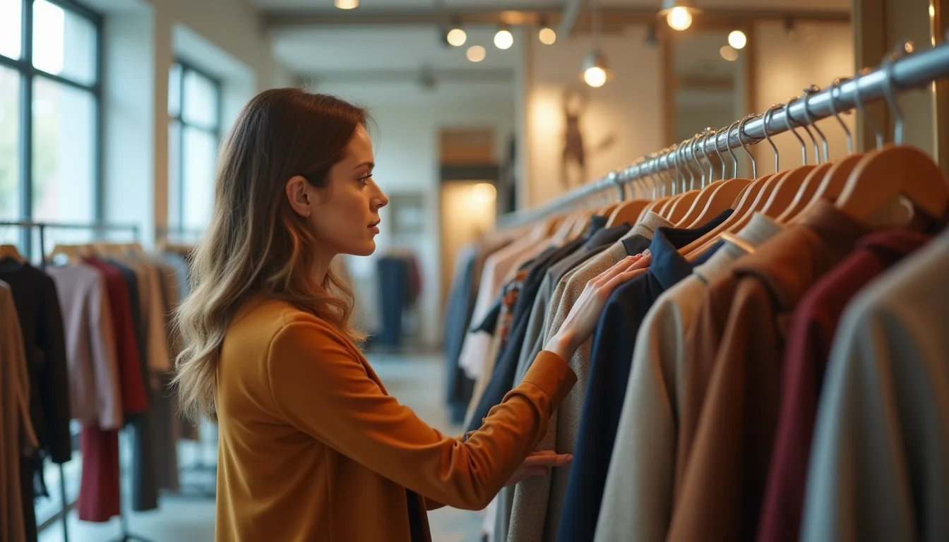 Womenswear garments sorted into seasonal and category collection groups on display rails for an upload team briefing