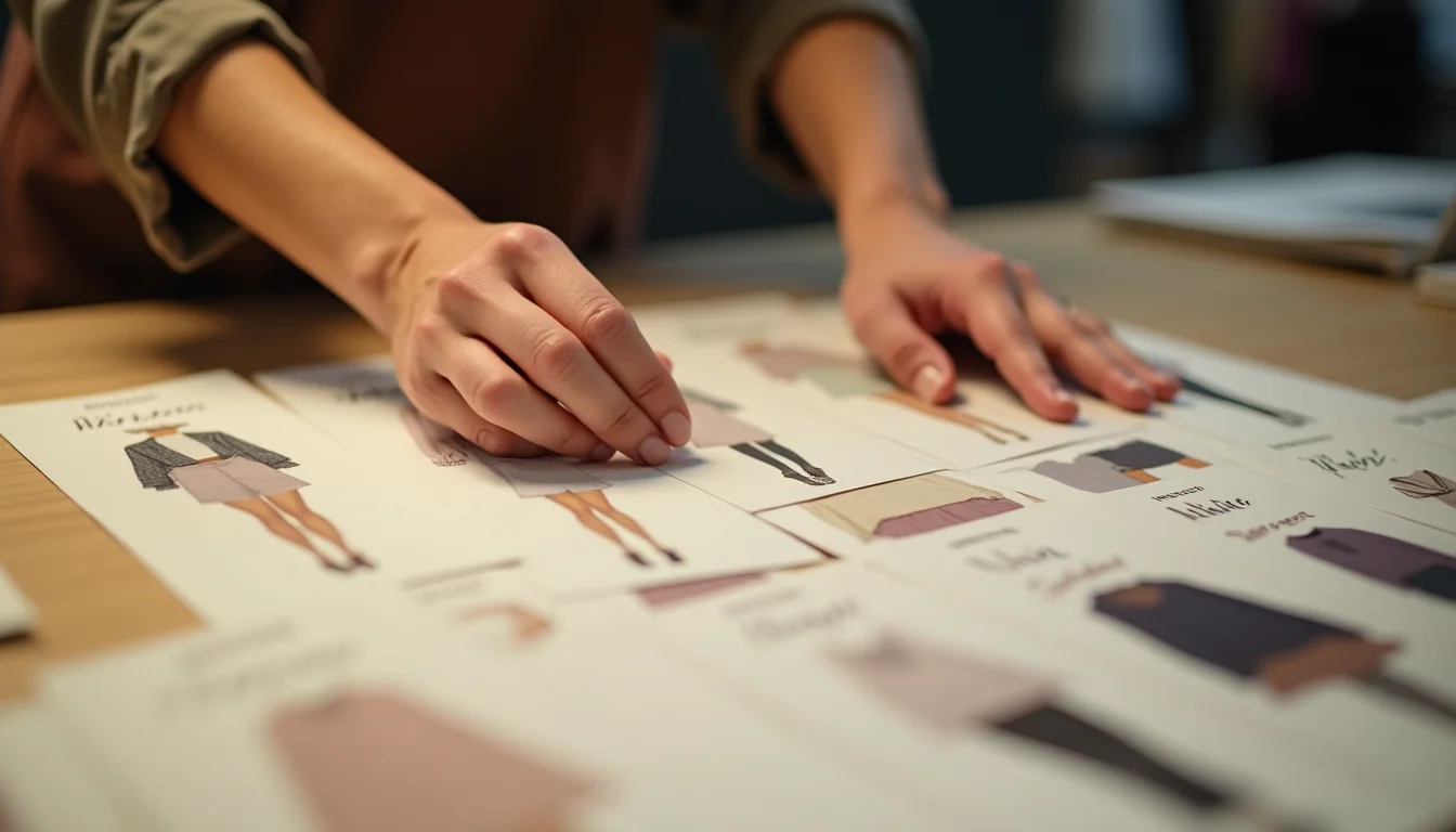 Hands placing womenswear collection planning cards into sections on a flat work surface
