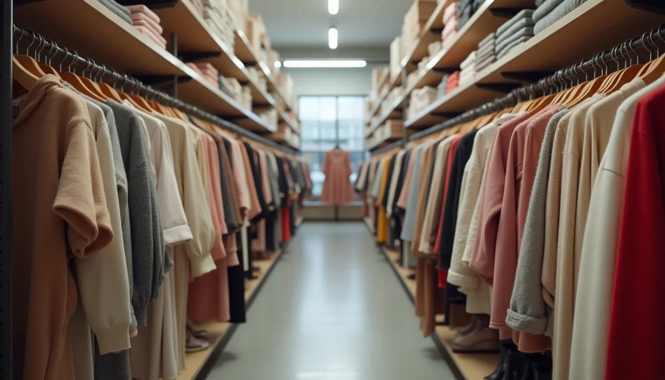 Womenswear garments grouped by category type on separate display rails in a fashion boutique stock area