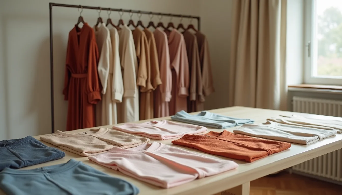 Womenswear garments arranged by colorway for upload team review in a flat photo set layout on a table