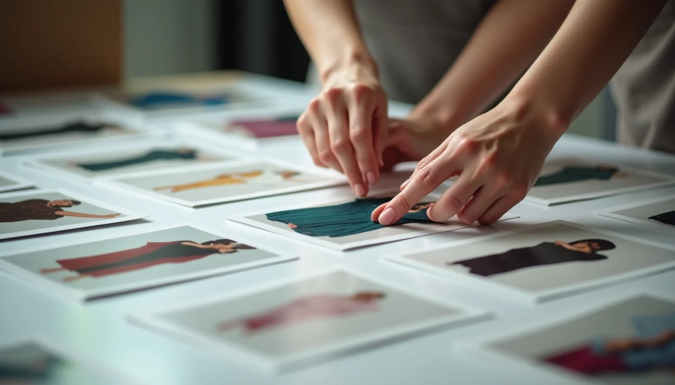 Hands sorting womenswear product photos by colorway on a light sorting table