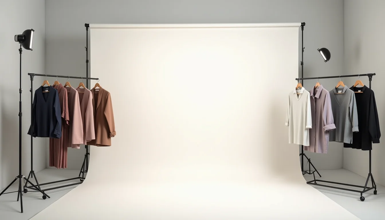 Womenswear garment on a rack in a small fashion photography studio setup against a white background