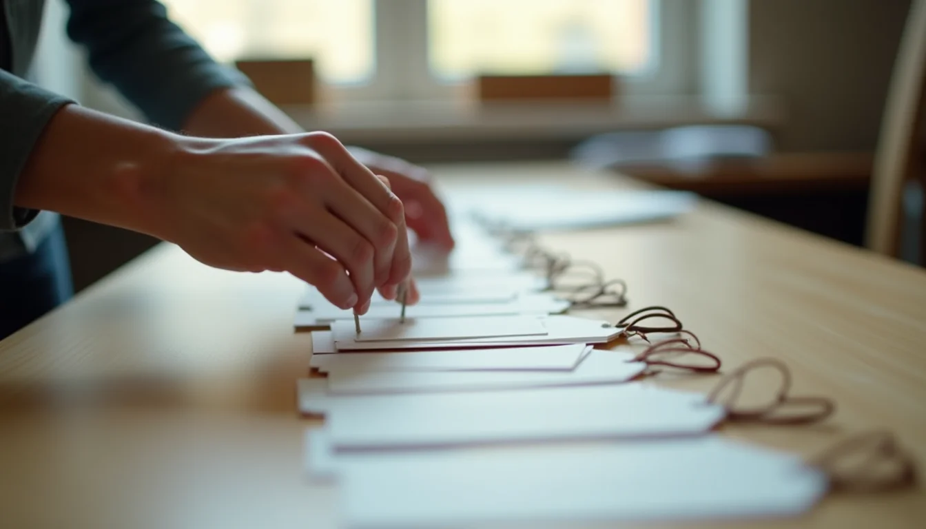 Hands arranging womenswear size run labels in order for a product upload on a plain worktop