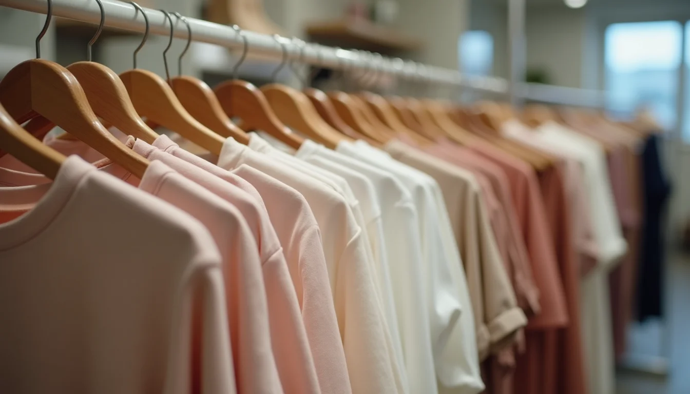Womenswear garments organized on a clothing rail by size group with visible label dividers