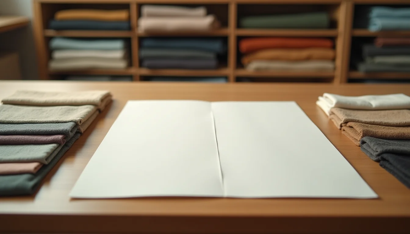 Size reference sheet and fabric samples laid out on a desk prepared for a womenswear catalog upload job