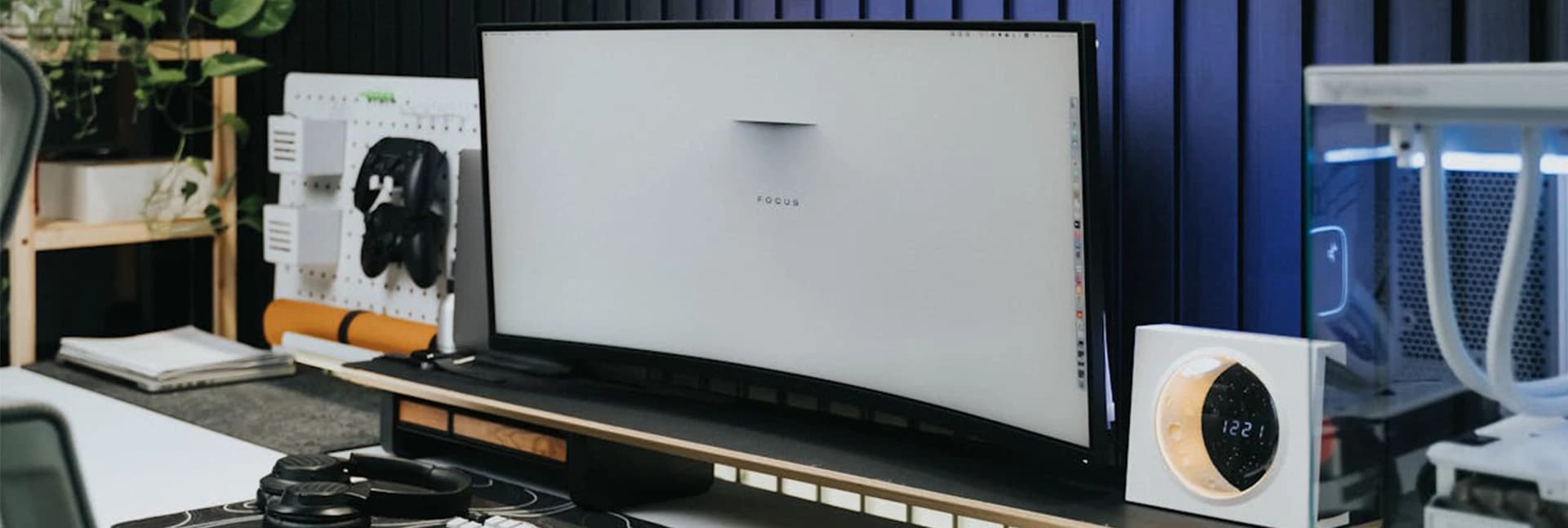 Curved computer monitor on a desk