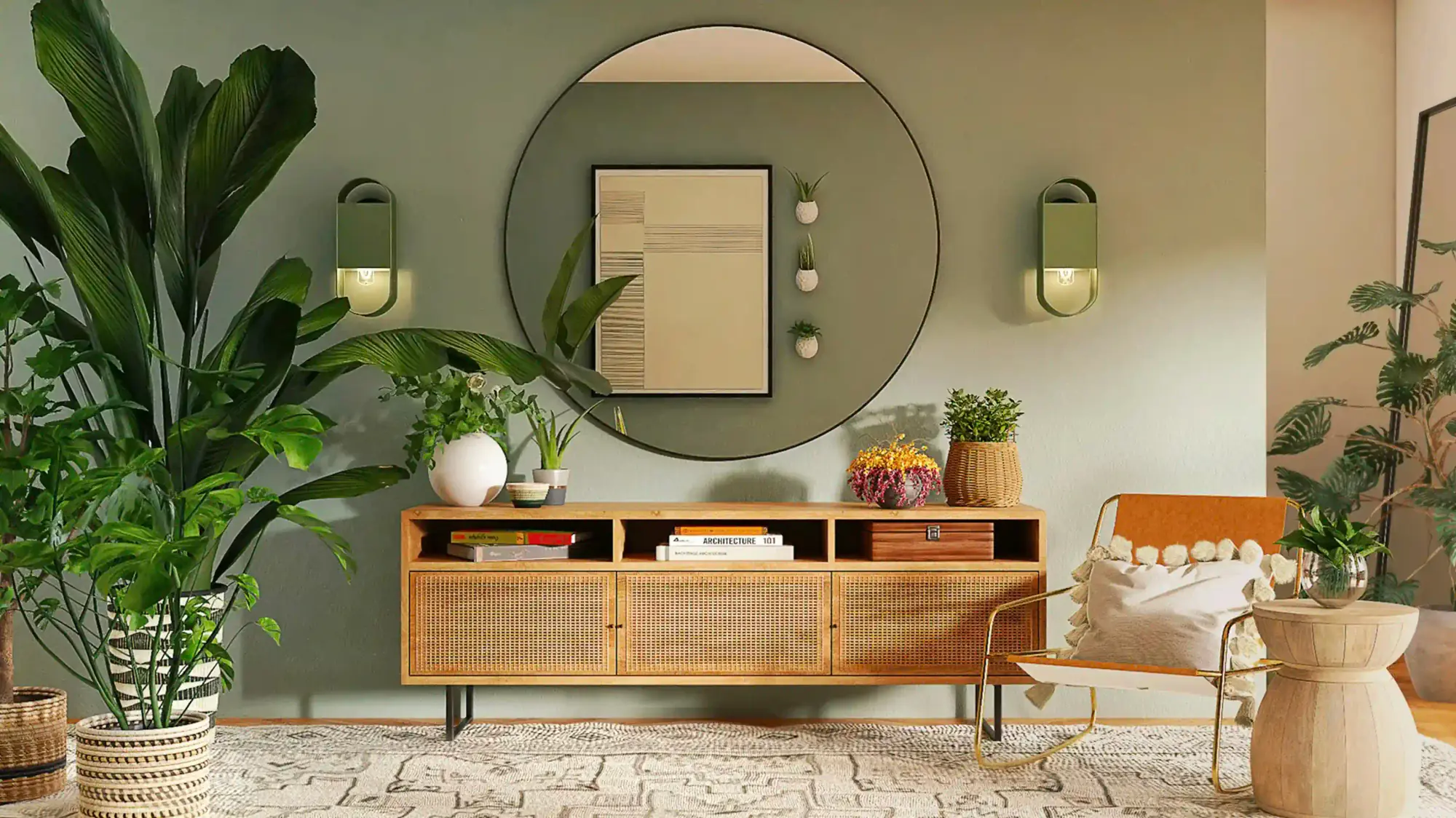 Living room with a timber sideboard, round mirror, and plants